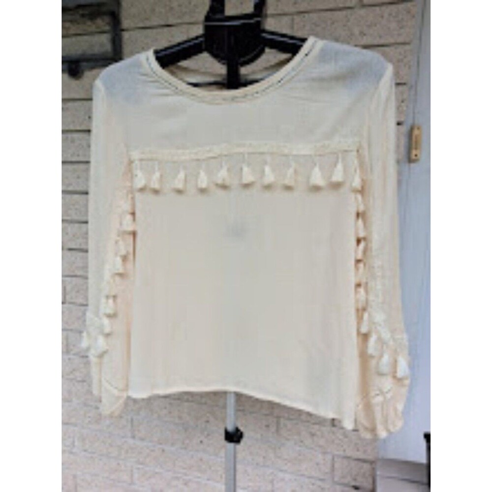Womens Blouse Cream Tassel Detail Long Sleeve Top
